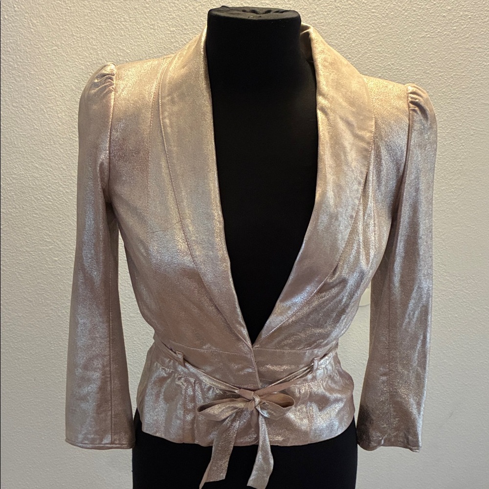 Shimmery Champagne silver sparkle Tie-Waist Leather Blazer Jacket XS 30” chest